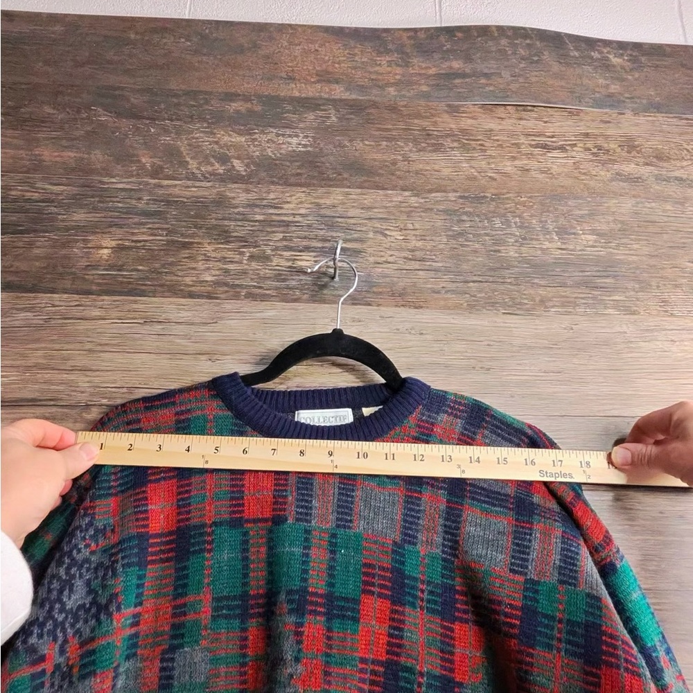 Collectif Men's Red Navy and Green Plaid Crewneck Wool Blend Sweater - Picture 4 of 9